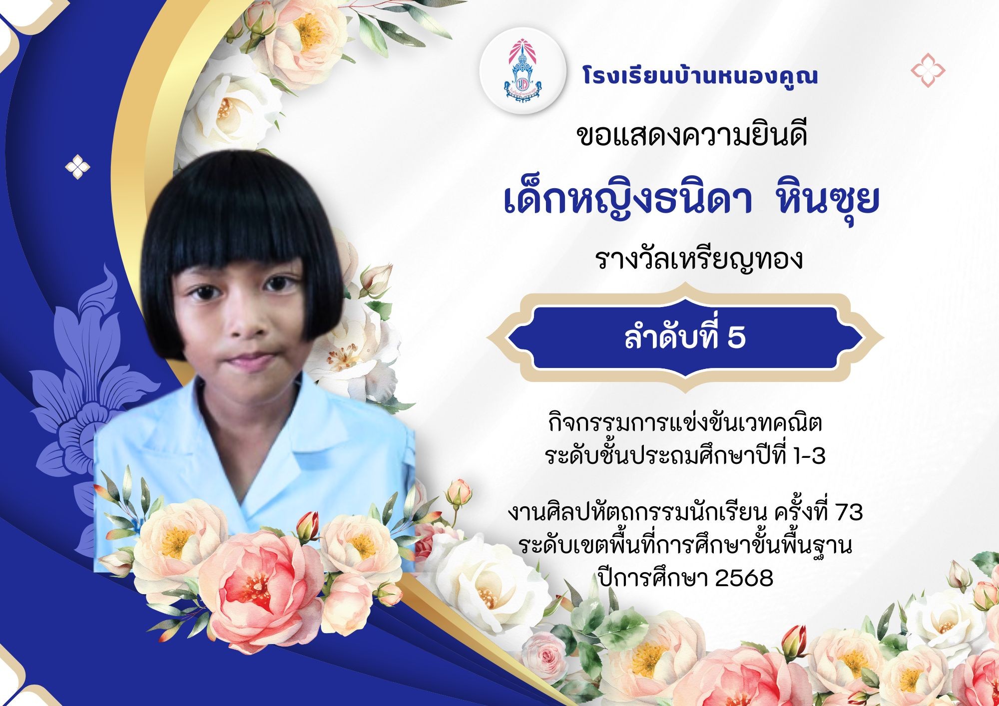 โรงเรียนบ้านหนองคูณ ขอแสดงความยินดีกับ เด็กหญิงธนิดา หินซุย นักเรียนชั้นประถมศึกษาปีที่ 3 รางวัลเหรียญทอง ลำดับที่ 5 กิจกรรมการแข่งขันเวทคณิต ระดับชั้นประถมศึกษาปีที่ 1-3 ครูผู้ฝึกสอน คุณครูหนูเพียร โภชะโน #งานศิลปหัตถกรรมนักเรียน_ครั้งที่73