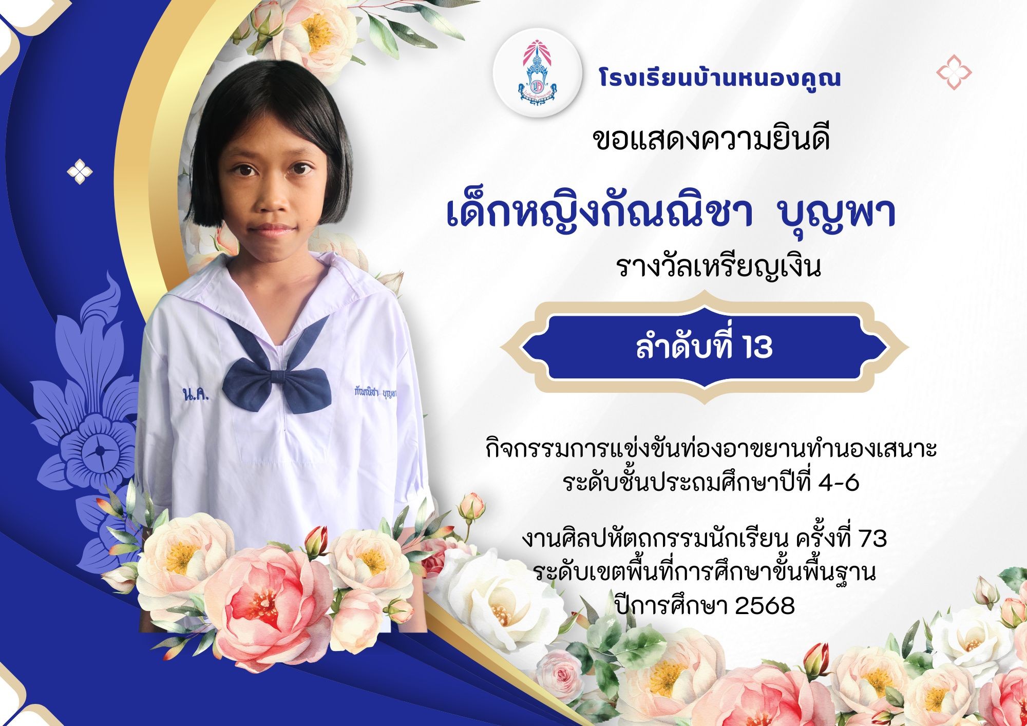 โรงเรียนบ้านหนองคูณ ขอแสดงความยินดีกับ เด็กหญิงกัณณิชา บุญพา นักเรียนชั้นประถมศึกษาปีที่ 5 รางวัลเหรียญเงิน ลำดับที่ 13 กิจกรรมการแข่งขันท่องอาขยานทำนองเสนาะ ระดับชั้นประถมศึกษาปีที่ 4-6 ครูผู้ฝึกสอน คุณครูสุพิศ เดชศรี #งานศิลปหัตถกรรมนักเรียน_ครั้งที่73