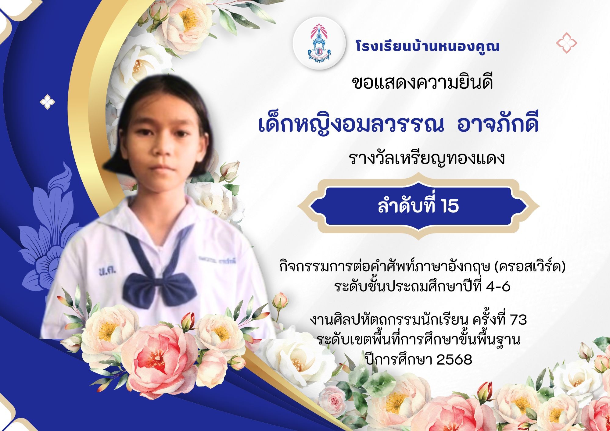 โรงเรียนบ้านหนองคูณ ขอแสดงความยินดีกับ เด็กหญิงอมลวรรณ อาจภักดี นักเรียนชั้นประถมศึกษาปีที่ 5 เด็กชายเหนือฟ้า ทะนฤทธิ์ นักเรียนชั้นประถมศึกษาปีที่ 6 รางวัลเหรียญเงิน ลำดับที่ 15 กิจกรรมการแข่งขันการต่อคำศัพท์ภาษาอังกฤษ (ครอสเวิร์ด) ระดับชั้นประถมศึกษาปีที่ 1-6 ครูผู้ฝึกสอน คุณครูบุหรัน ไชยงาม คุณครูปณิตา ศรีสุไชย #งานศิลปหัตถกรรมนักเรียน_ครั้งที่73