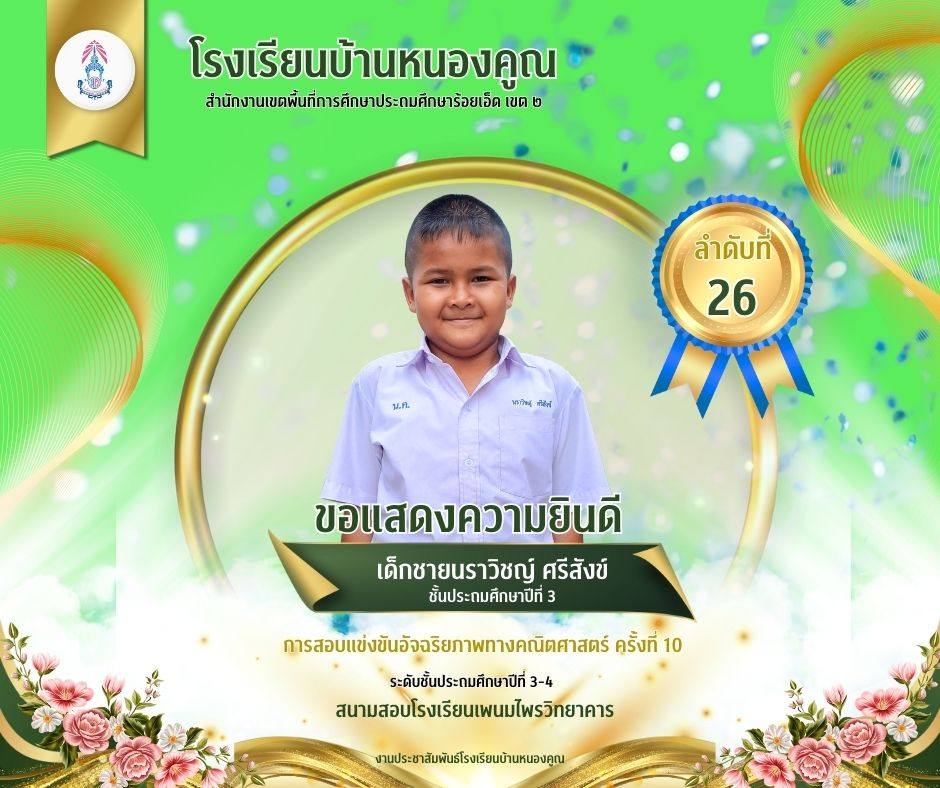 โรงเรียนบ้านหนองคูณ ขอแสดงความยินดีกับ เด็กชายนราวิชญ์ ศรีสังข์ นักเรียนชั้นประถมศึกษาปีที่ 3 เข้าสอบแข่งขันอัจฉริยภาพทางคณิตศาสตร์ ได้ลำดับที่ 26 ในระดับชั้นประถมศึกษาปีที่ 3-4 ณ สนามสอบโรงเรียนพนมไพรวิทยาคาร ครูผู้สอน คุณครูหนูเพียร​ โภชะโน
